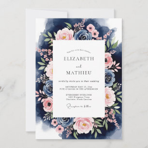 Navy Blush Floral Garland Wedding Invitation