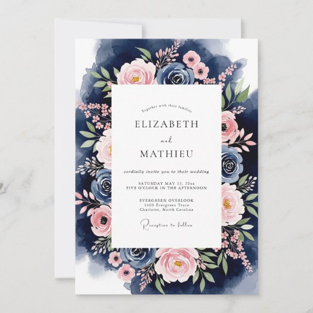 Navy Blush Floral Garland Wedding Invitation (Front)