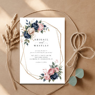 Navy Blush Floral Geometric Elegant Script Wedding Invitation