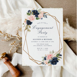 Navy & blush floral geometric engagement party invitation