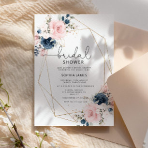Navy blush floral geometric frame bridal shower invitation