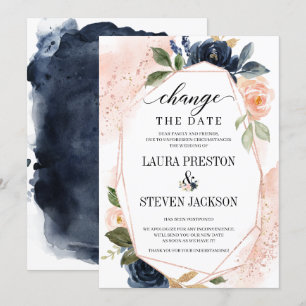 Navy Blush Floral Geometric Frame Change the Date Invitation