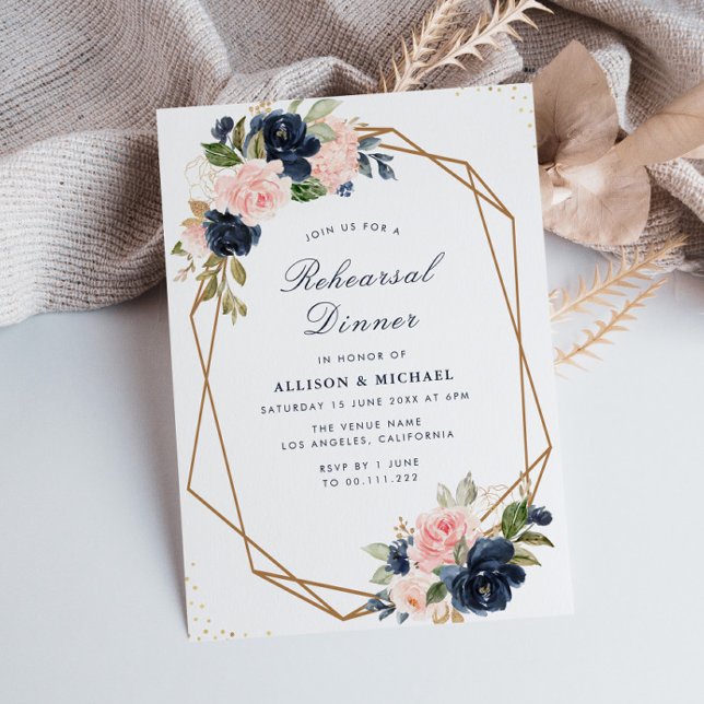 Navy & blush floral geometric rehearsal dinner invitation (Creator Uploaded)