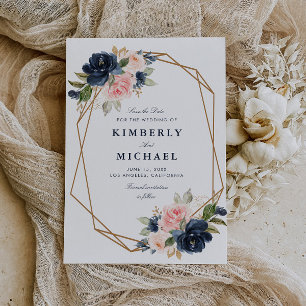 navy & blush floral geometric save the date card