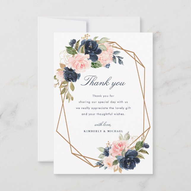 navy blush floral geometric wedding thank you card (Front)