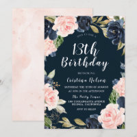 Navy Blush Floral Girls Boys 13th Birthday Party