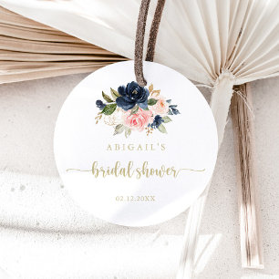 Navy Blush Floral Gold Bridal Shower Favour   Classic Round Sticker