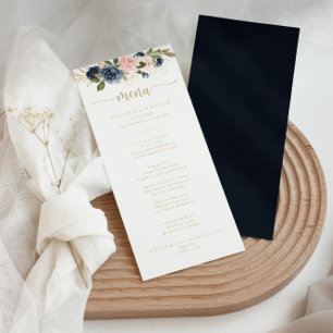 Navy Blush Floral Gold Calligraphy Dinner Menu
