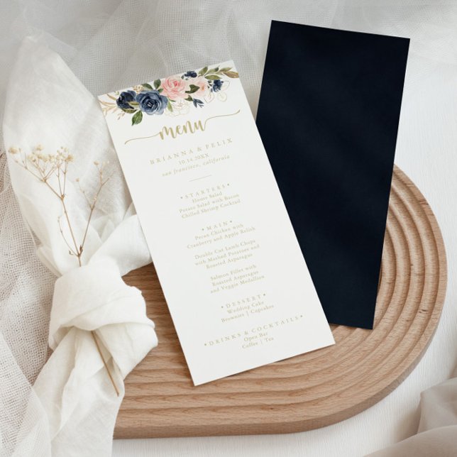 Navy Blush Floral Gold Calligraphy Dinner Menu (Creator Uploaded)
