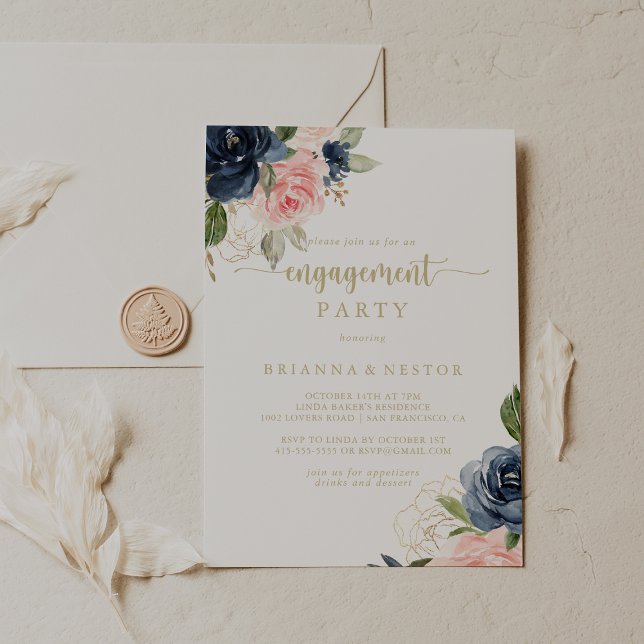 Navy Blush Floral Gold Engagement Party  Invitation (Creator Uploaded)