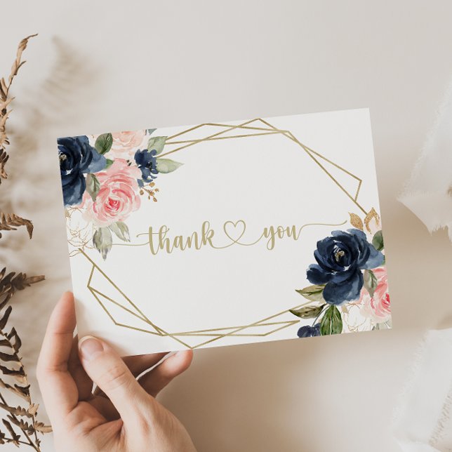 Navy Blush Floral Gold Geometric Flat Wedding  Thank You Card (Creator Uploaded)