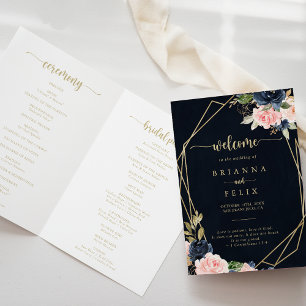 Navy Blush Floral Gold Geometric Folded Wedding  Programme