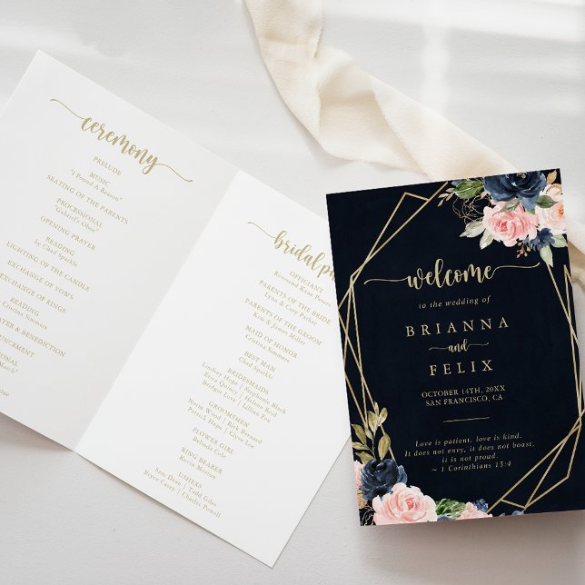 Navy Blush Floral Gold Geometric Folded Wedding  Programme (Creator Uploaded)