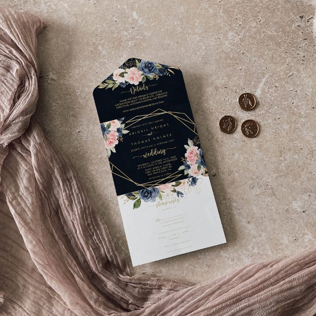 Navy Blush Floral Gold Geometric Wedding  All In One Invitation (Creator Uploaded)