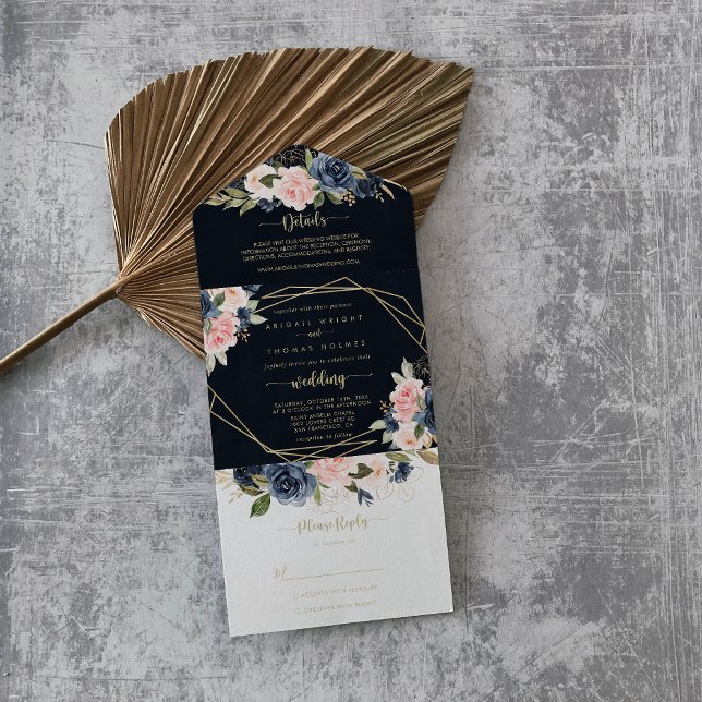 Navy Blush Floral Gold Geometric Wedding   All In One Invitation (Creator Uploaded)