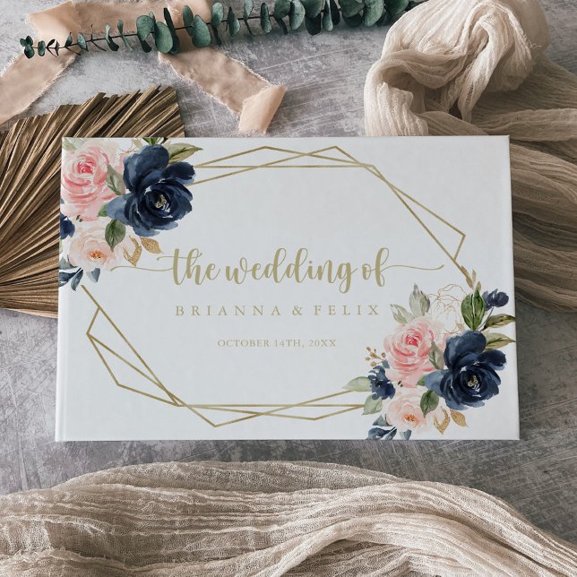 Navy Blush Floral Gold Geometric Wedding Guest Book (Creator Uploaded)