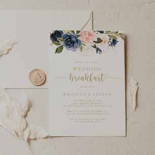 Navy Blush Floral Gold Wedding Breakfast   Invitation