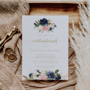 Navy Blush Floral Gold Wedding Brunch Invitation