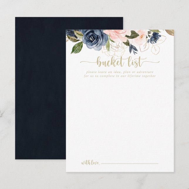 Navy Blush Floral Gold Wedding Bucket List Cards (Front/Back)