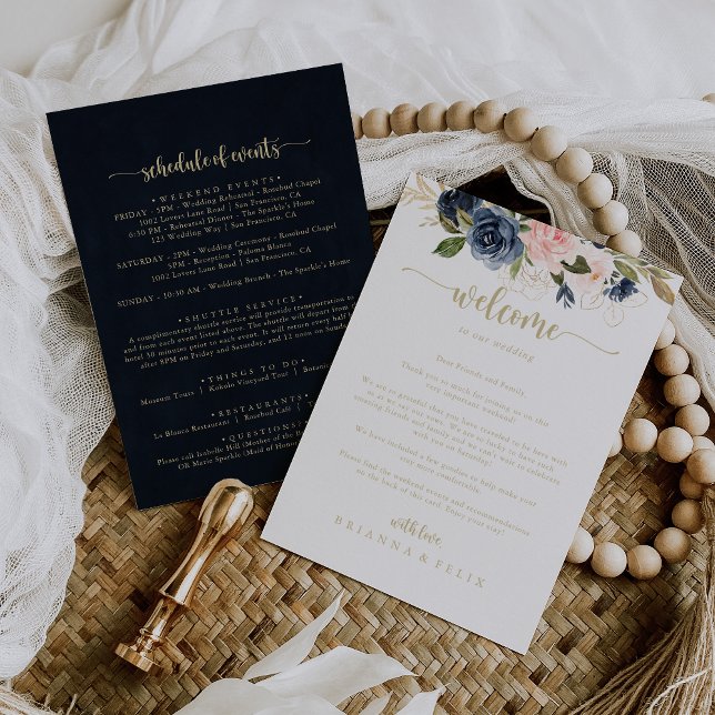 Navy Blush Floral Gold Wedding Welcome Letter (Creator Uploaded)