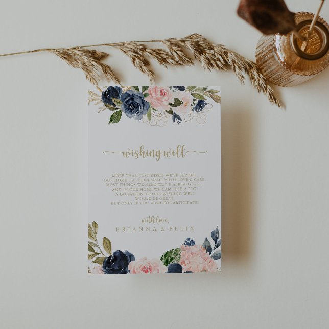 Navy Blush Floral Gold Wedding Wishing Well Enclosure Card (Creator Uploaded)