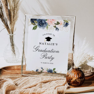 Navy blush floral graduation party welcome sign