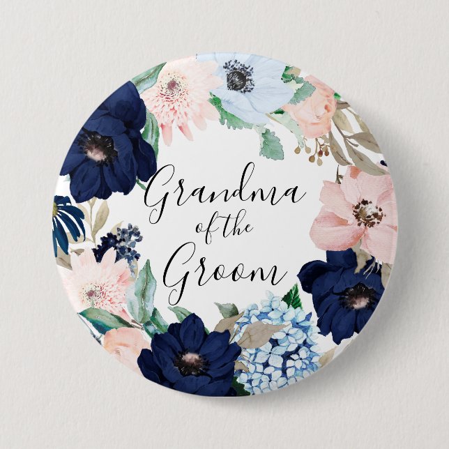 Navy & Blush Floral Grandma of the Groom 7.5 Cm Round Badge (Front)