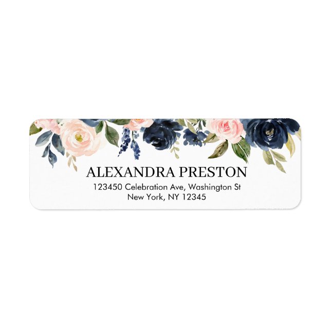 Navy Blush Floral Greenery Botanical Address Label (Front)