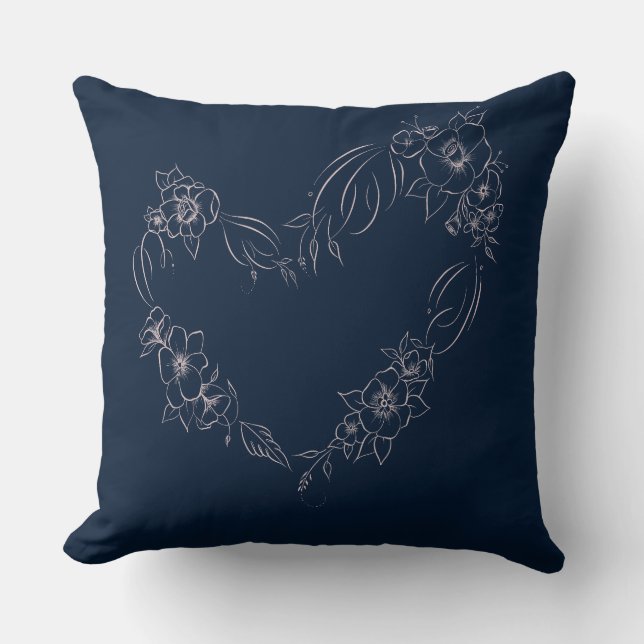 Navy+blush Floral Heart Pillow (Front)
