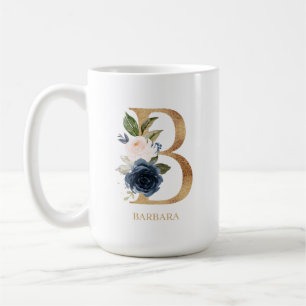 Navy Blush Floral Monogram Letter "B" Personalized Coffee Mug