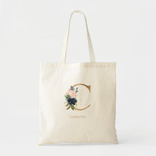 Navy Blush Floral Monogram Letter "C" Personalised Tote Bag