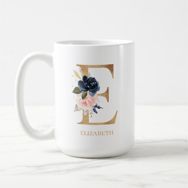 Navy Blush Floral Monogram Letter "E" Personalized Coffee Mug (Left)