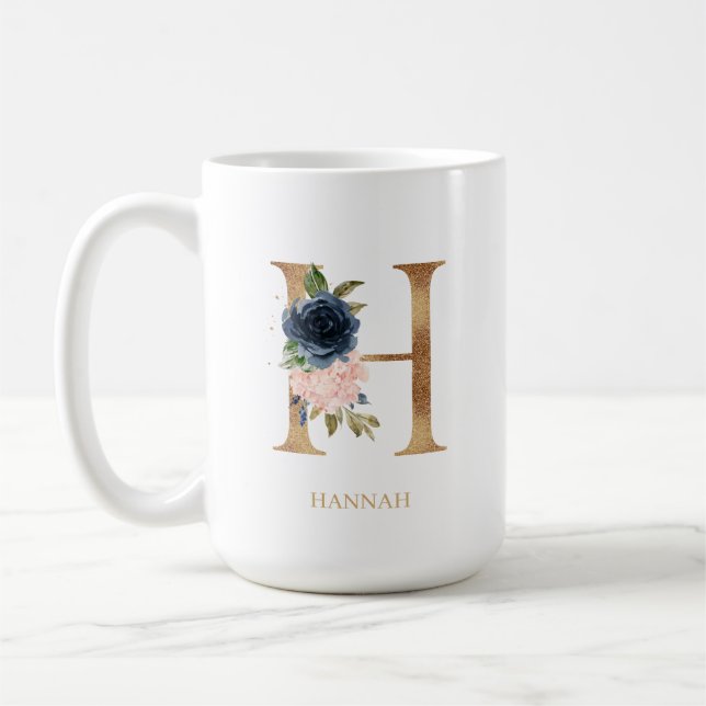 Navy Blush Floral Monogram Letter "H" Personalized Coffee Mug (Left)