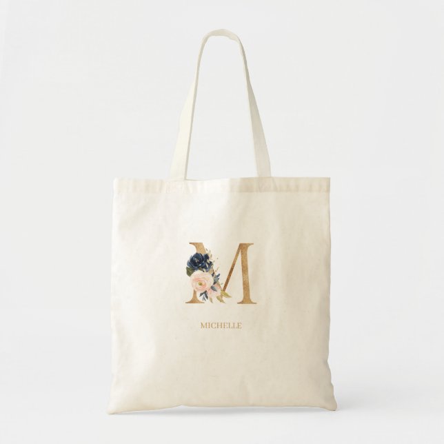 Navy Blush Floral Monogram Letter "M" Personalised Tote Bag (Front)