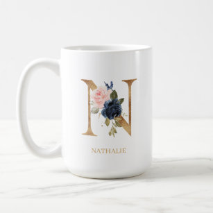 Navy Blush Floral Monogram Letter "N" Personalized Coffee Mug