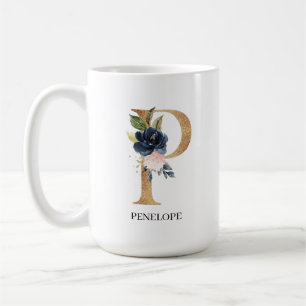 Navy Blush Floral Monogram Letter "P" Personalized Coffee Mug