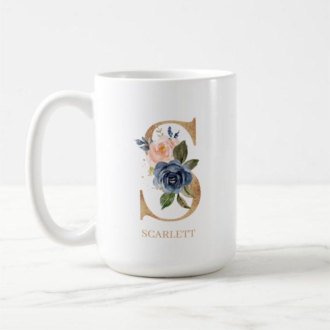 Navy Blush Floral Monogram Letter "S" Personalized Coffee Mug (Left)