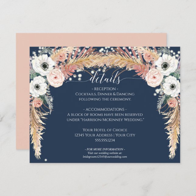 Navy Blush Floral Pampas Grass Twinkle Lights Invitation (Front/Back)
