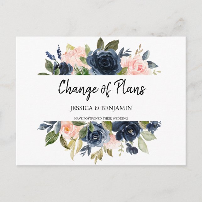 Navy Blush Floral Postponed Change of Plans Postcard (Front)