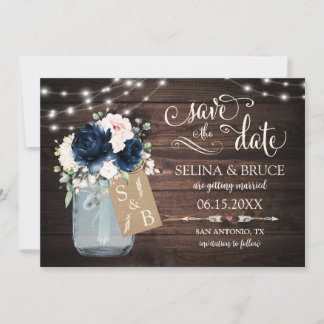 Navy Blush Floral Rustic Wood Save the Date Card