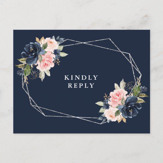 Navy & blush floral silver frame wedding RSVP Postcard (Front)
