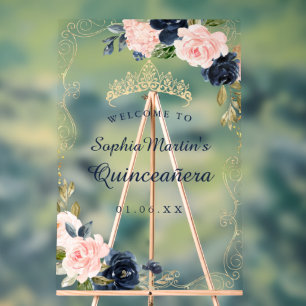 Navy Blush Floral Swirl Quinceanera Acrylic Sign