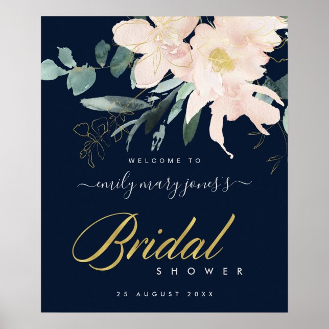 NAVY BLUSH FLORAL WATERCOLOR BRIDAL SHOWER WELCOME POSTER (Front)