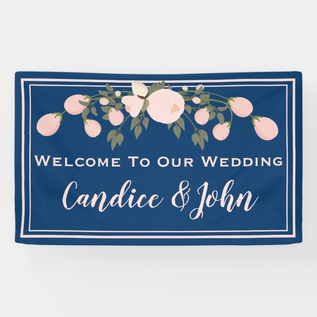 Navy Blush Floral Wedding Banner (Horizontal)