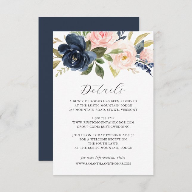 Navy Blush Floral Wedding Details Card (Front/Back)