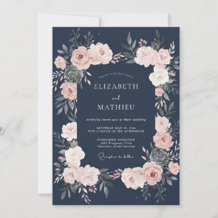 Navy Blush Floral Wedding Invitation