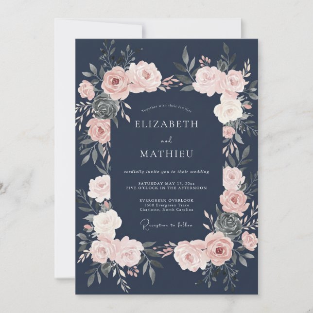 Navy Blush Floral Wedding Invitation (Front)