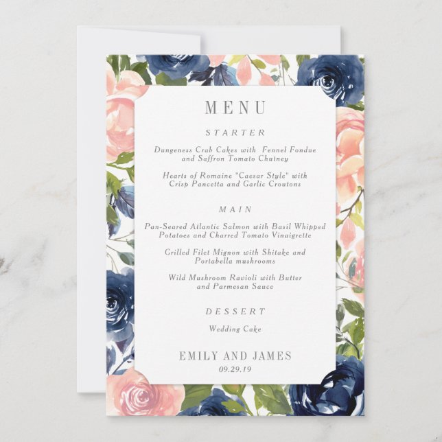 Navy Blush Floral Wedding Menu Card #NBC (Front)