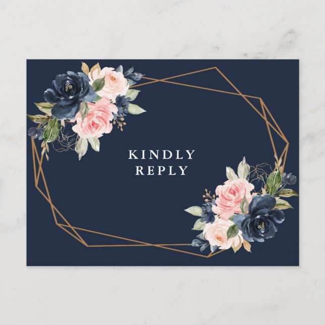 Navy & blush floral wedding RSVP Postcard (Front)