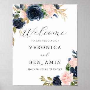 Navy Blush Floral Welcome Sign
